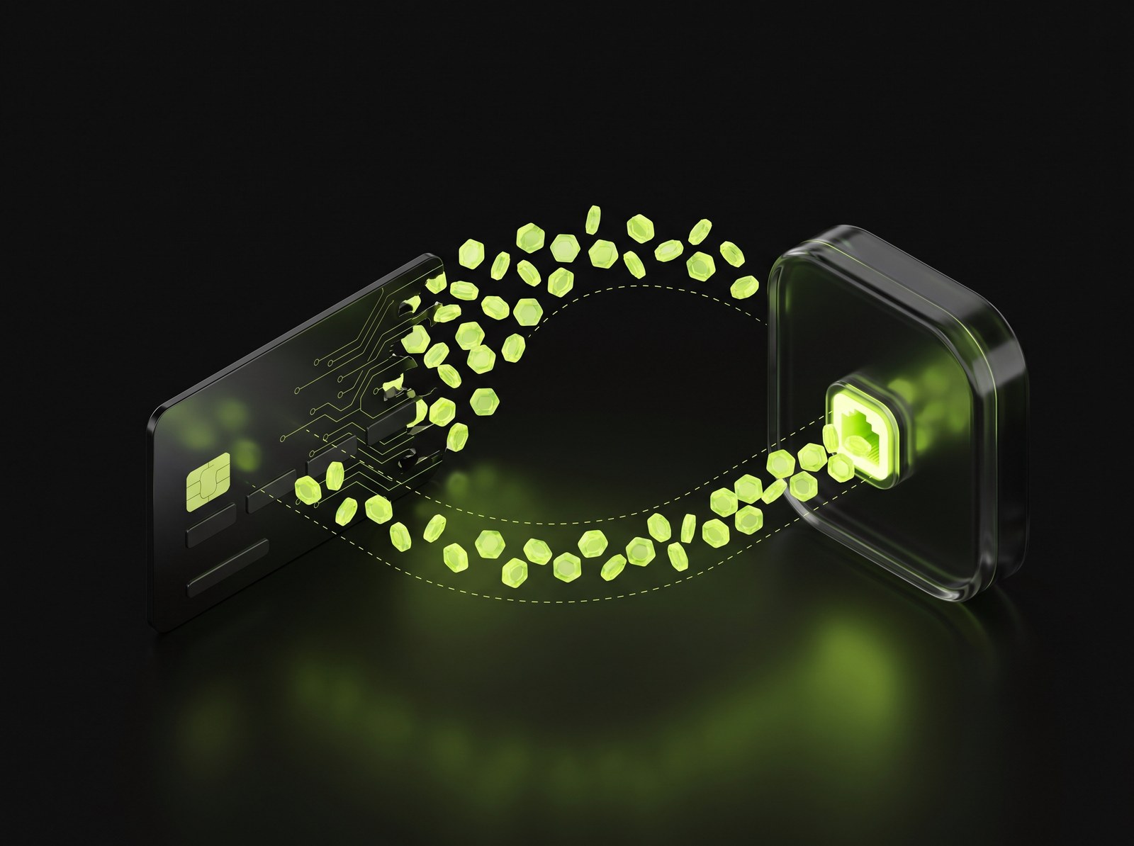 A glossy black credit card etched with lime circuitry, fed by one clean conduit out of a dimmed tangle of operator machinery, extruding into a single faceted lime card-on-file token.