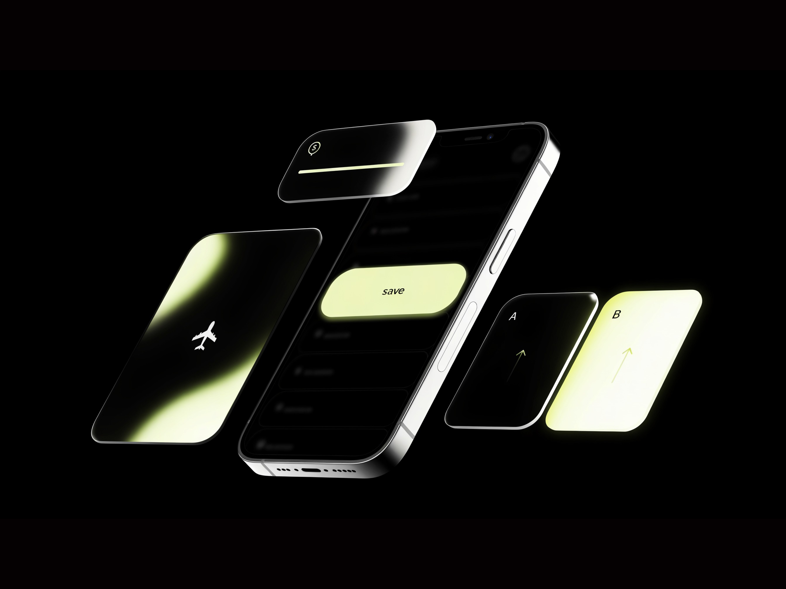 A floating phone showing a payment-methods screen beside a dim control panel and a glowing electric-lime variant panel with an uplift arrow, rendered in a dark 3D scene.